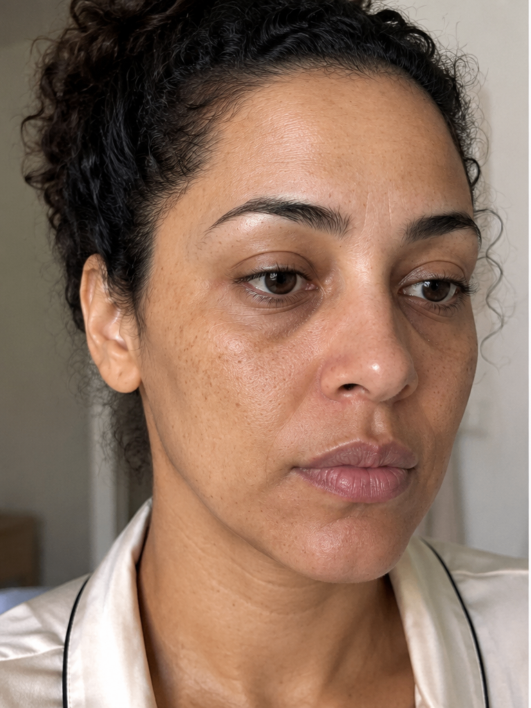 Mulher a olhar-se ao espelho com expressão cansada